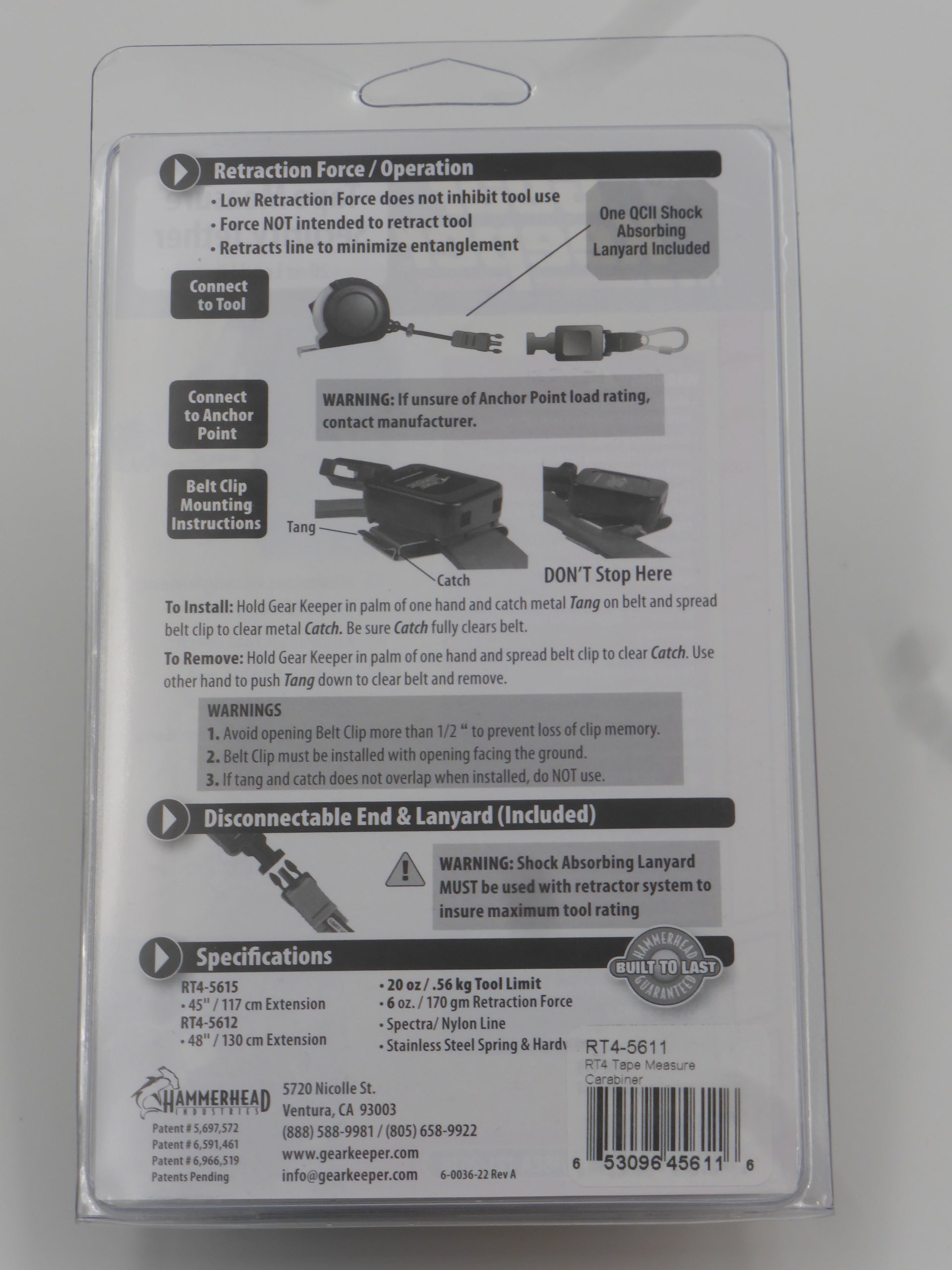 Achterkant verpakking van de Gearkeeper RT4-5611 rolmaat retractor met daarop de gebruikers instructies