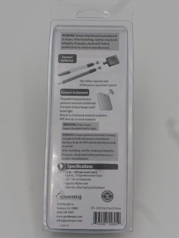 Achterzijde van de verpakking van de Gear Keeper RT5-5605 retractor voor pennen en potloden