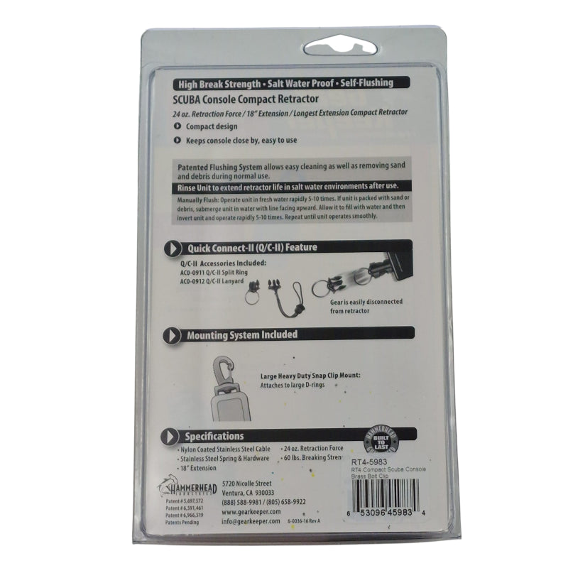 Achterzijde verpakking met instructies voor de Gear Keeper RT4-5983 retractor voor kompas, duikconsole of duik zaklamp