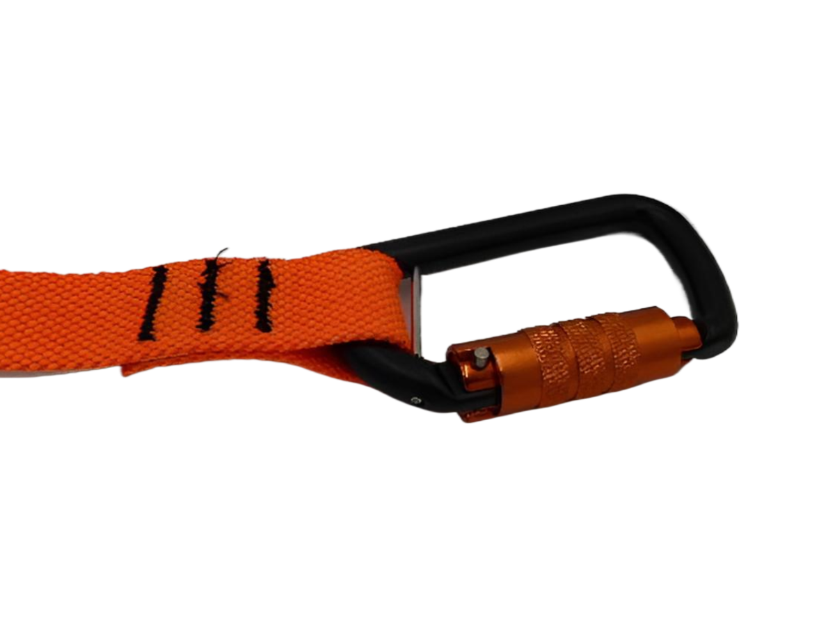 Close-up van de aluminium karabijnhaak met dubbele lock functie aan de Gear Keeper TL-3044