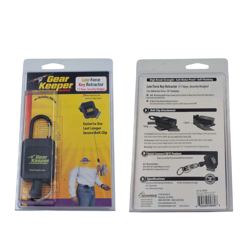 Gear Keeper RT-5860 sleutel retractor in originele verpakking en de instructies op de achterzijde van de verpakking