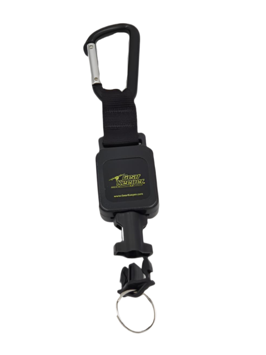 Gear keeper RT4-0932QC2CA retractor met aluminium karabijnhaak bevestiging en aan de uiteinde van de uittrekbare kevlar lijn een Quick Connect-2 met splitring