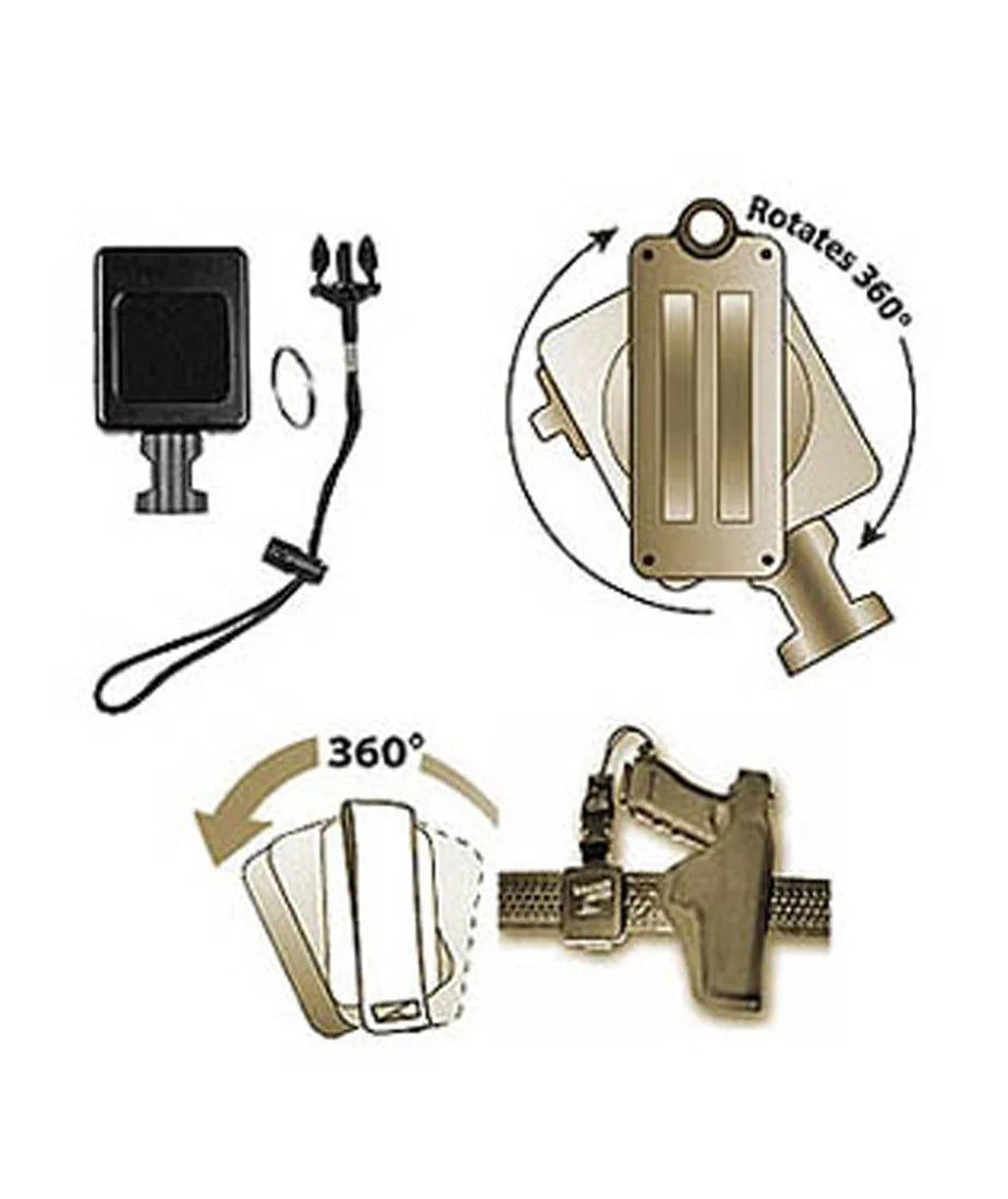 Voorbeeld van de roterende riemclip en de bevestiging van een Gear Keeper RT3-5563 retractor