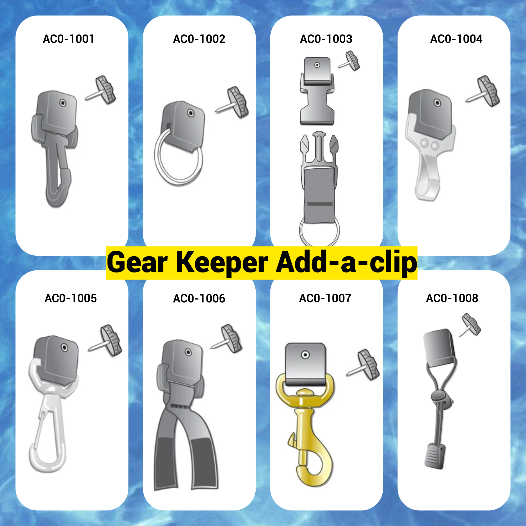 Overzicht van alle Gear Keeper Add-a-clips met schroefpin bevestiging bovenaan.De modellen hebben elk hun eigen bevestiging onderaan