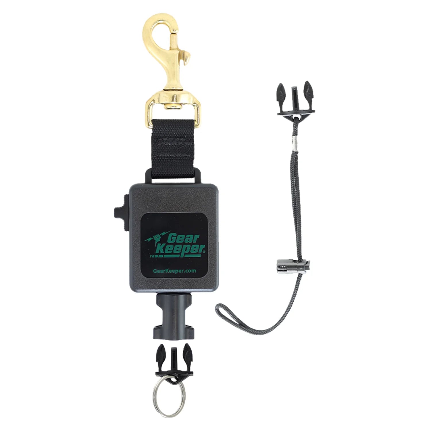 Gear Keeper RT3-2282 retractor met messing musketon en een quick connect-2 accessoire met koord en stopper en een accessoire met splitring