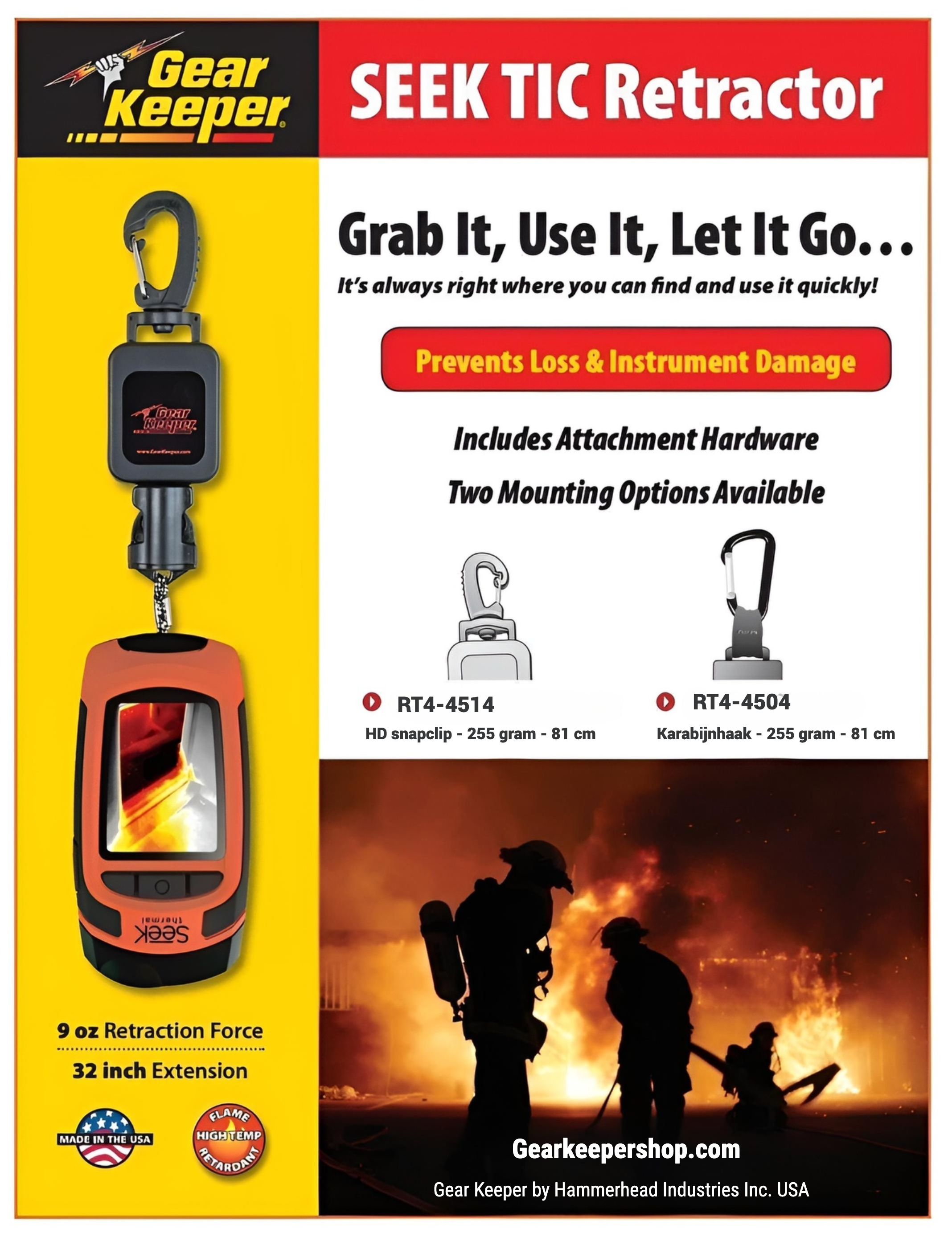Flyer Gear Keeper SEEK TIC retractors voor warmtebeeld camera's die gebruikt worden door brandweer en reddingsdiensten