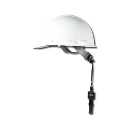 Gear Keeper RT5-5601 bouwhelm retractor bevestigd aan en witte veiilgheidshelm