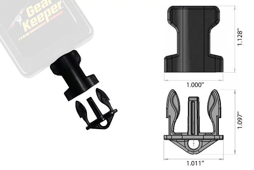 Gear Keeper Quick Connect-2 aansluiting uitgebeeld met afmetingen erbij vermeld