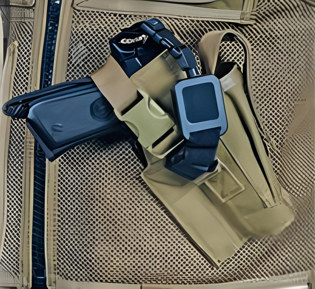 Gear Keeper retractor met velcro strap waaraan een wapen zit bevestigd die in een holster is vergrendelt 