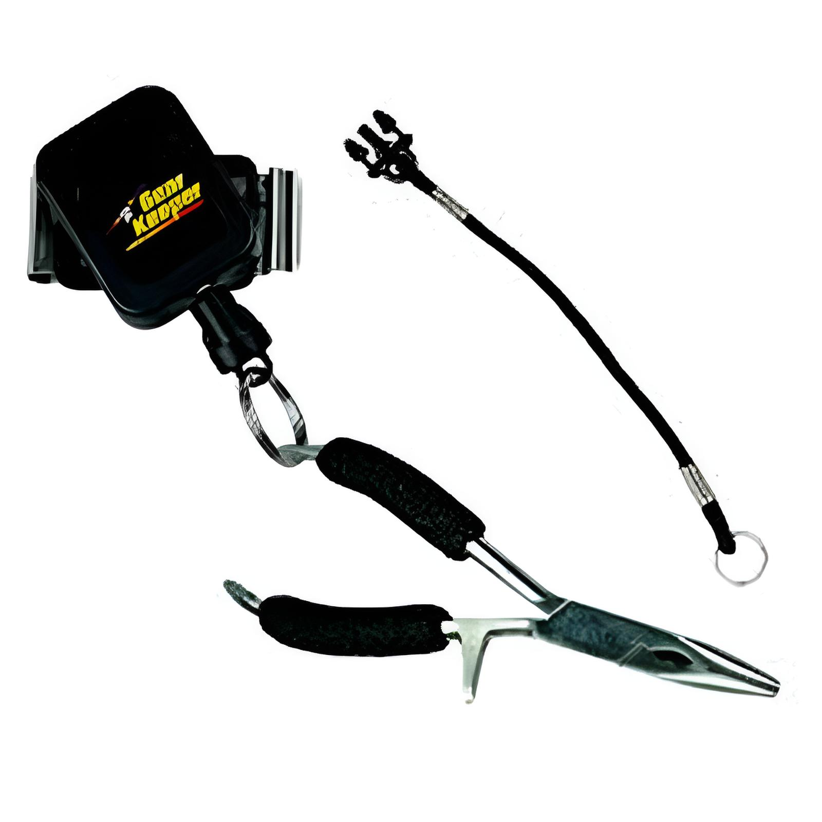 Gear Keeper retractor met roterende rvs riemclip waaraan een vistang zit bevestigd en ernaast een AC0-0902 accessoire koord met splitring 