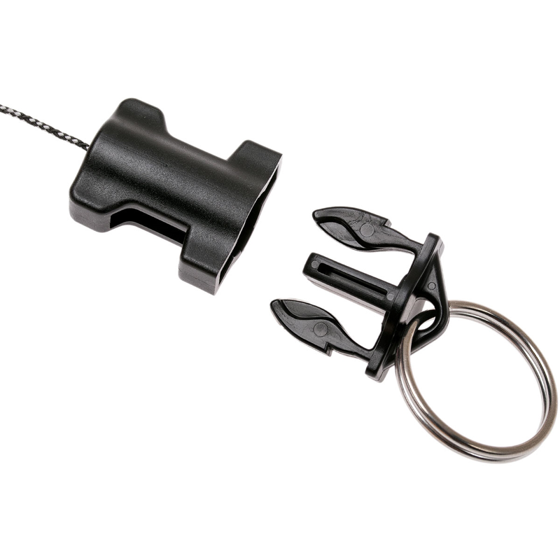 Gearkeeper quick connect-2 aansluiting aan de uiteinde van een uittrekbare lijn van een retractor met een AC0-0911 accessoire met splitring