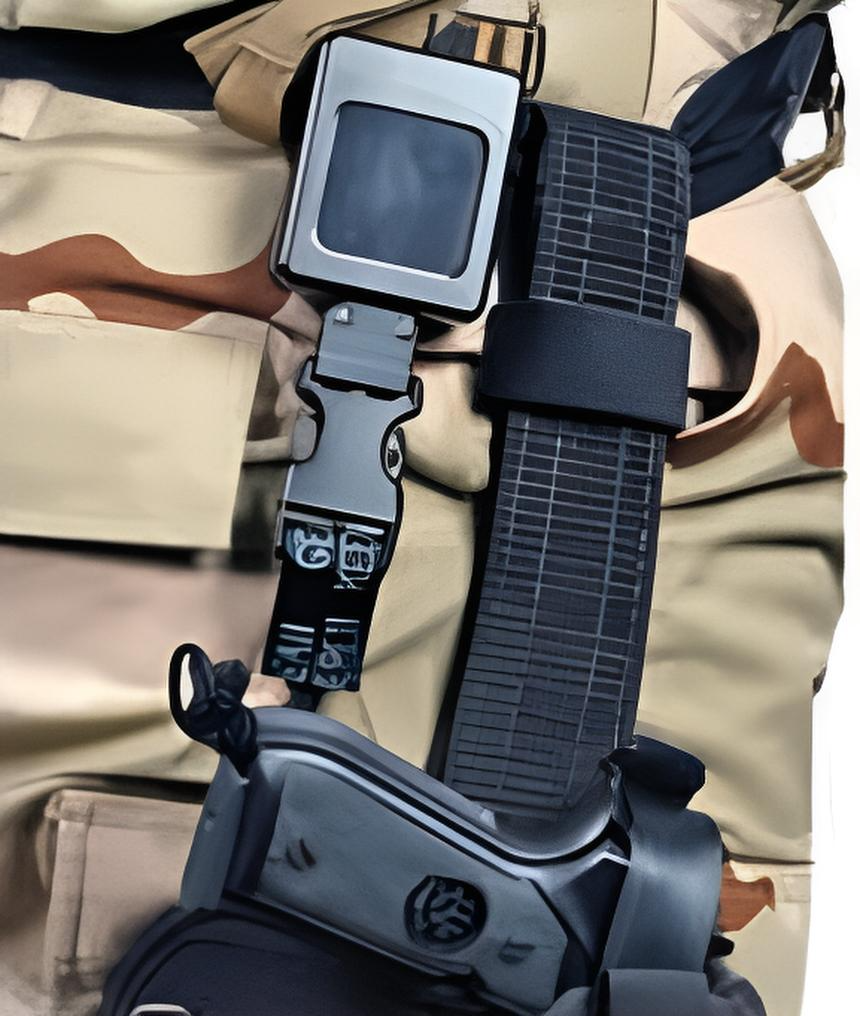 Close-up van een Gear Keeper retractor met roterende MOLLE-mount bevestigd aan de uitrusting van een militair