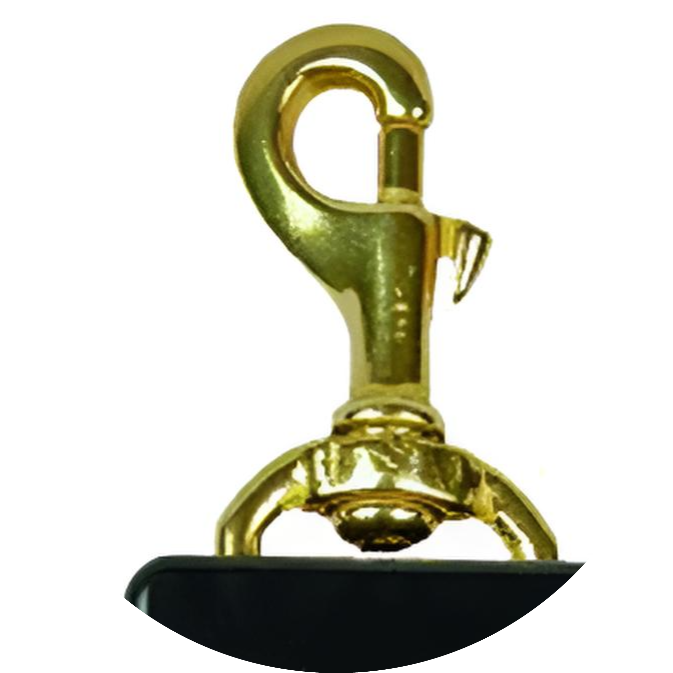 Close-up messing musketon bevestiging aan een Gear Keeper retractor