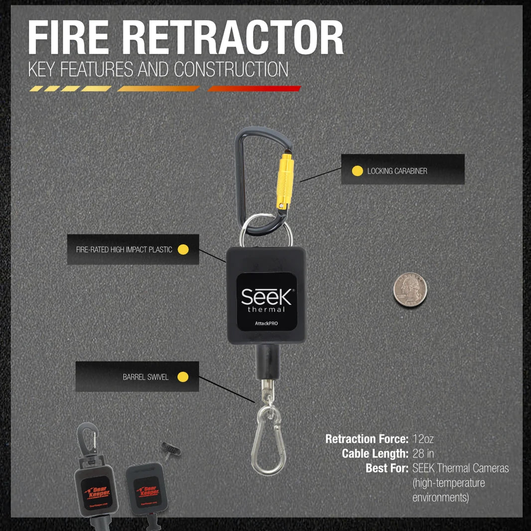 Gearkeeper retractor voor brandweer en reddingsdiensten. Vorozien van vergrendelbare aluminium karabijnhaak en swivel 