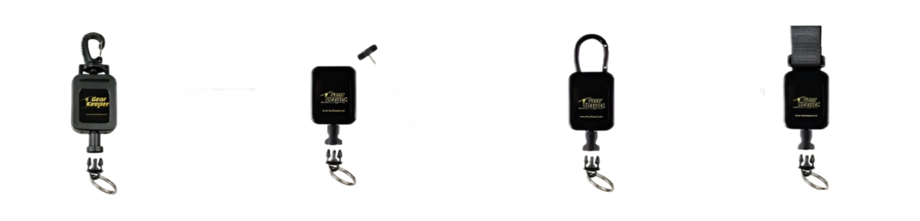 Overzicht RT4 retractors met quick connect-1 accessoire en verschillende bevestigingen; snapclip, schroefpin, karabijnclip en klittenband